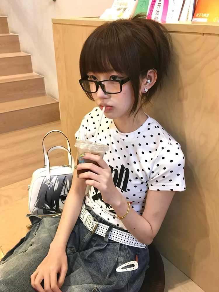 Tonngirls Harajuku imprimé graphique hauts femmes à manches courtes à pois T-shirt Y2k japonais Vint