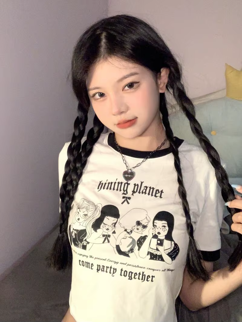 Haut court vintage à col rond pour femme, t-shirt à manches courtes, lettre imprimée, mode coréenne,