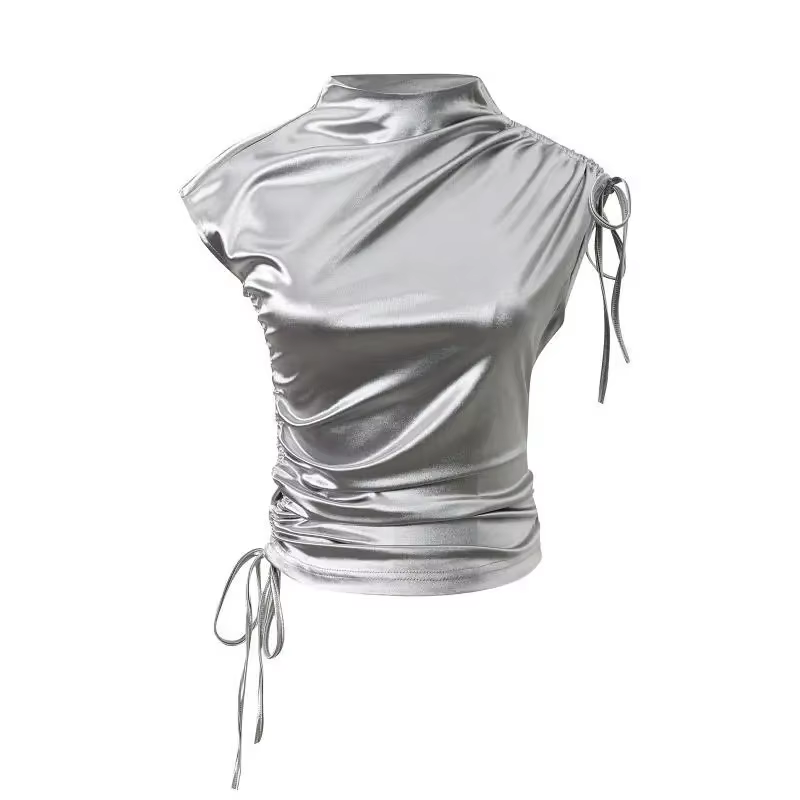 Économie à manches courtes pour femmes, monochromatique, froncé, mode streetwear, flods, unique, cou