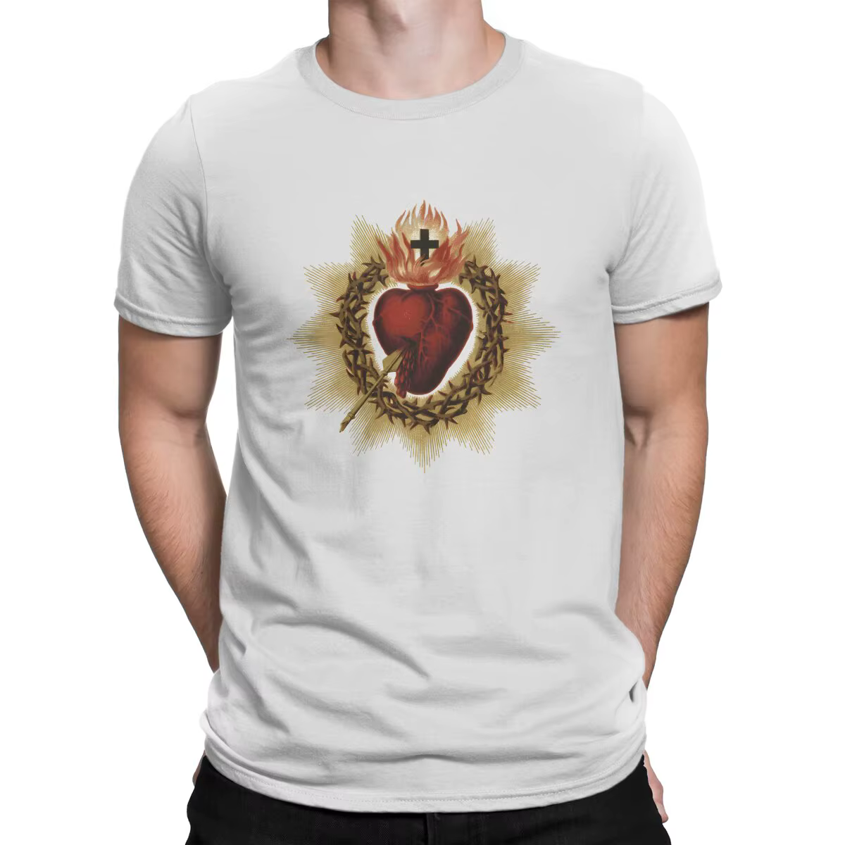 T-Shirt Manches Courtes Col Ras du Cœur Catholique pour Homme, Vêtement Vintage en Coton, Croix de J