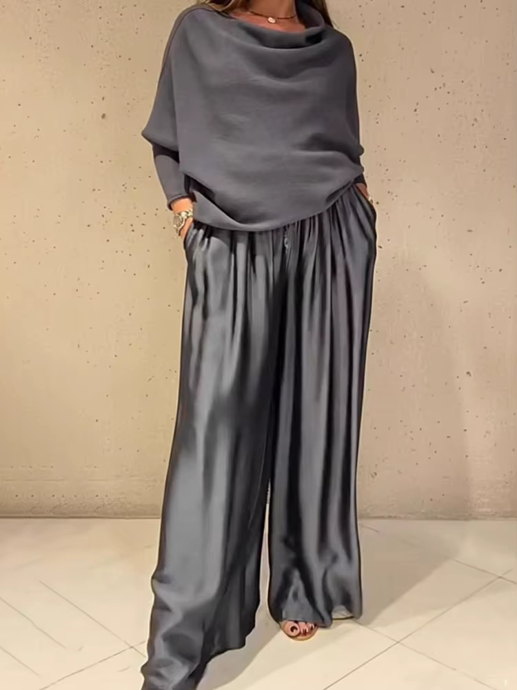 Ensemble décontracté deux pièces pour femme : Blouse ample à col bateau et manches longues avec patc