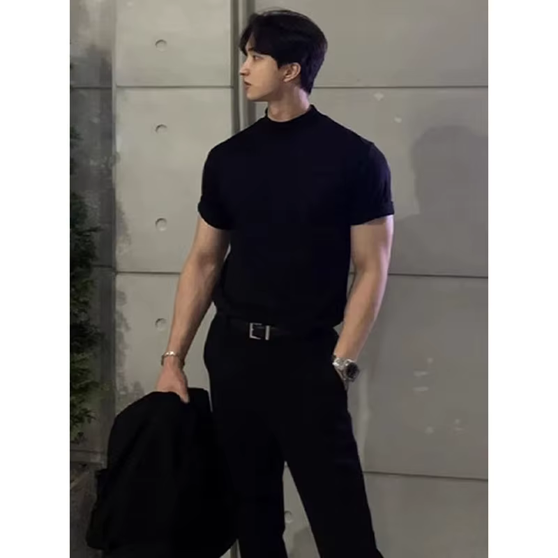 T-shirt d'été pour hommes, petit décolleté, manches courtes, Slim, look musculaire, vêtements intéri