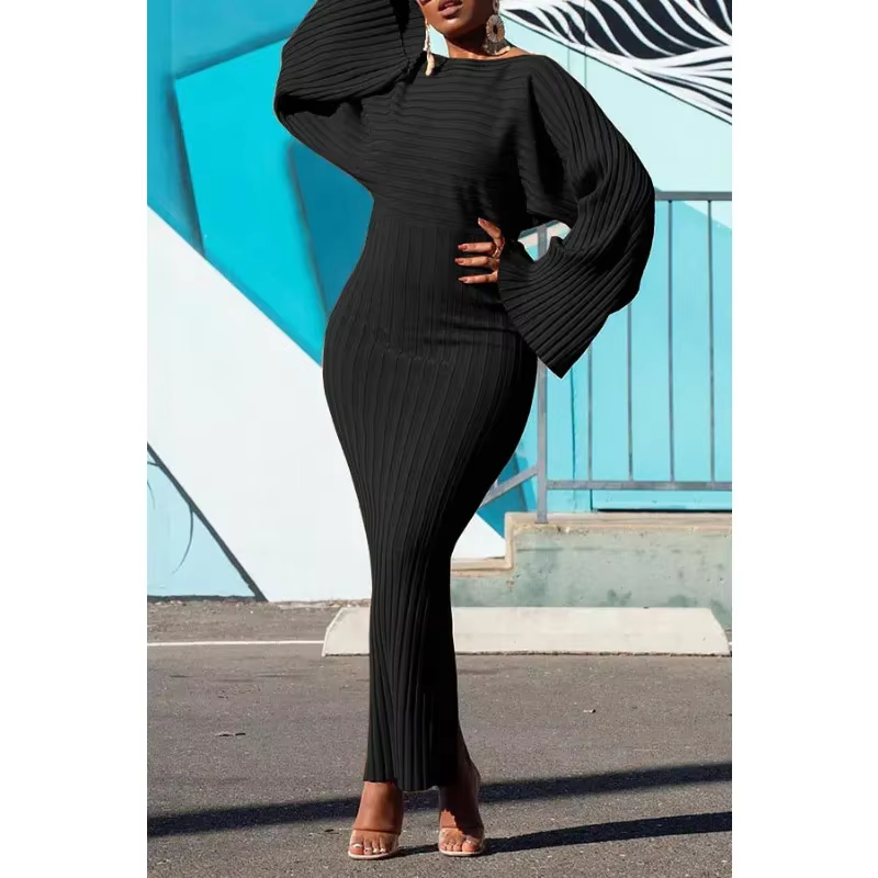 Robe noire en maille pour femme, col rond, manches longues, moulante, mi-longue, élégante, très exte