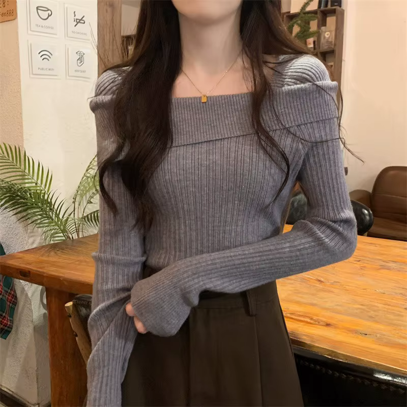 Solide Sexy mince épaules dénudées Slash cou à manches longues tricot pull femmes pulls bureau mode