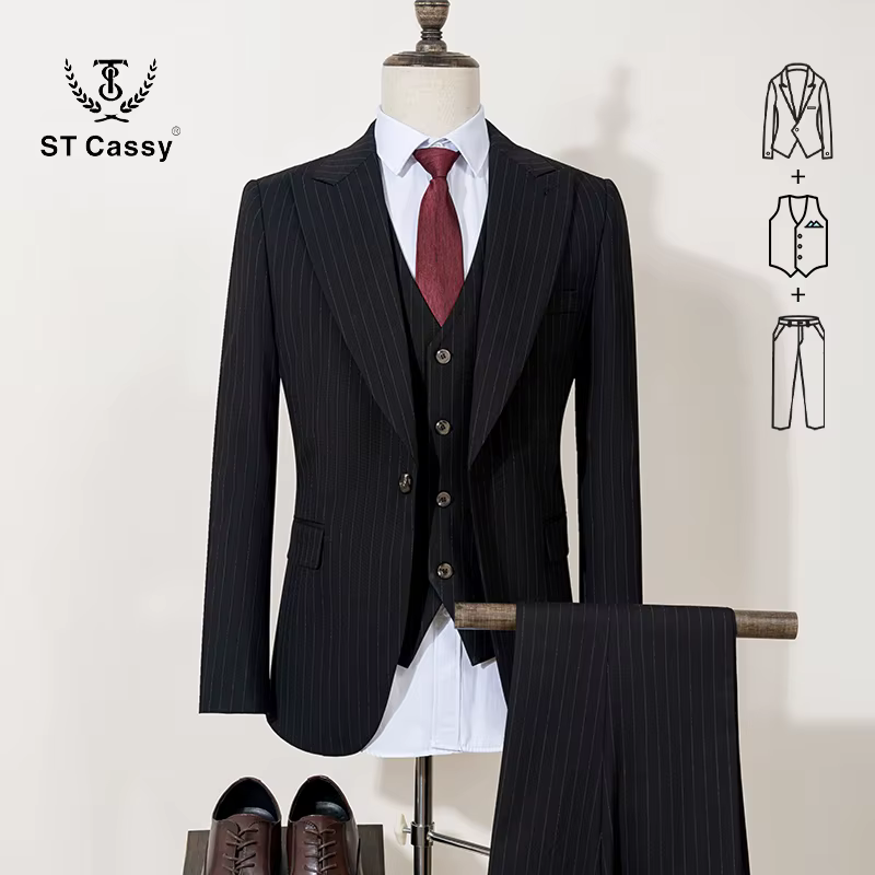 Costumes élégants pour hommes de marques de luxe, 3 pièces, de haute qualité, bleu rayé, décontracté