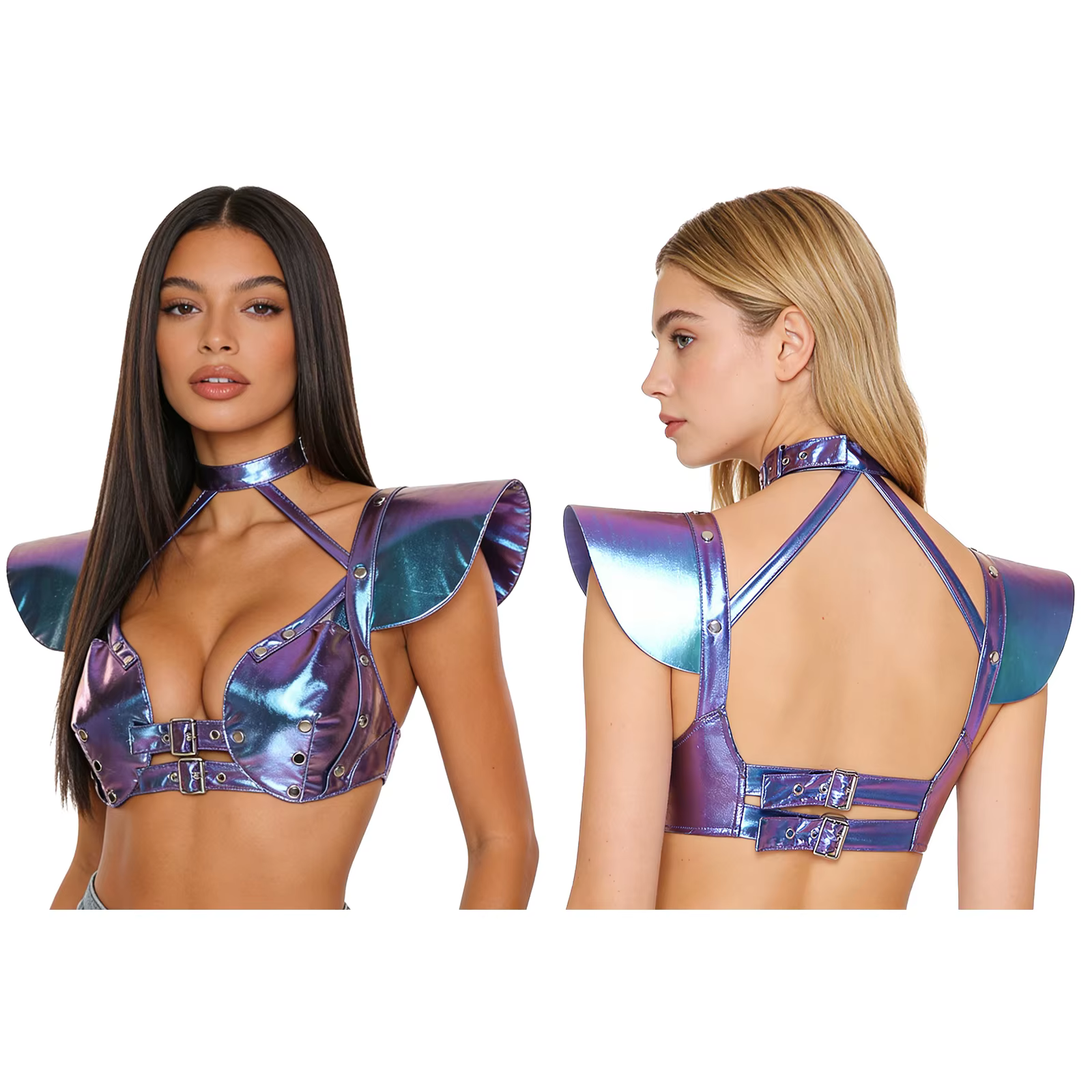 Haut court gothique métallisé brillant pour femme, à découpes, holographique, col licou plongeant, a