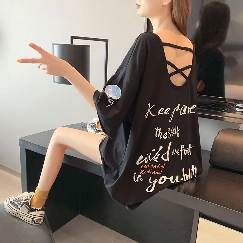 T-shirt Baggy Sexy pour Femme, Long Noir, Graphique, Col en V, CoAdvantages, Tee-shirt Confortable,