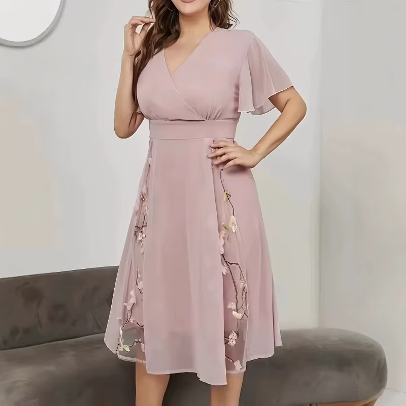 Robes trapèze mi-longues élégantes à manches flottantes pour femmes avec broderie florale, parfaites