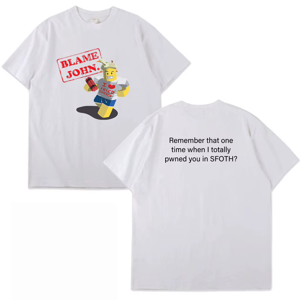 T-shirt imprimé Blame John pour l'été, haut à manches courtes décontracté, ample, amusant et à la mo