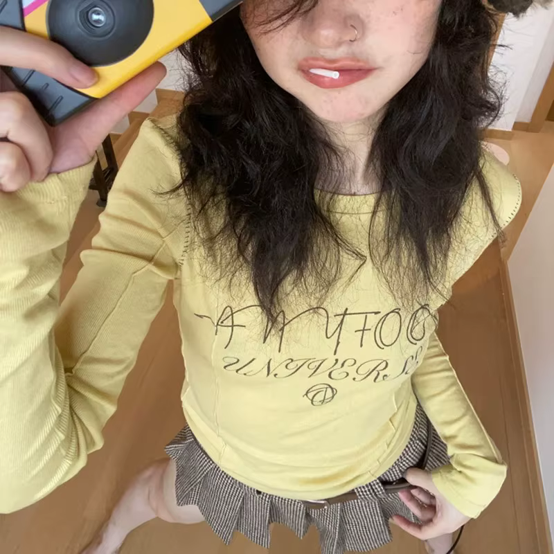Karr233 Y2K-T-shirt à Manches sulfJaune pour Fille Streetwear, Esthétique Japonaise des Années 2000,