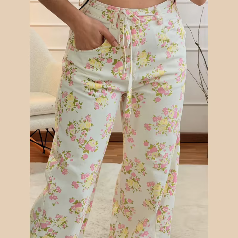 Ensemble élégant imprimé pour femme : Haut sans manches à volants et pantalon large – Nouvelle colle