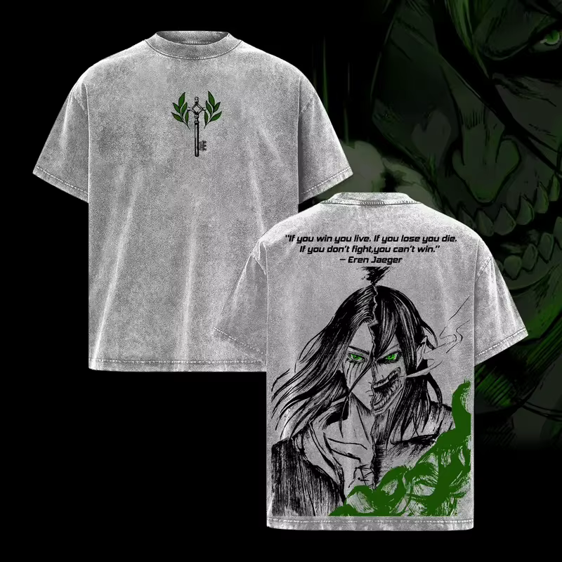 T-shirt Anime Attack on Titan Eren Jager Vintage Lavé Coupe Oversize Homme Femme Vêtements Manches C