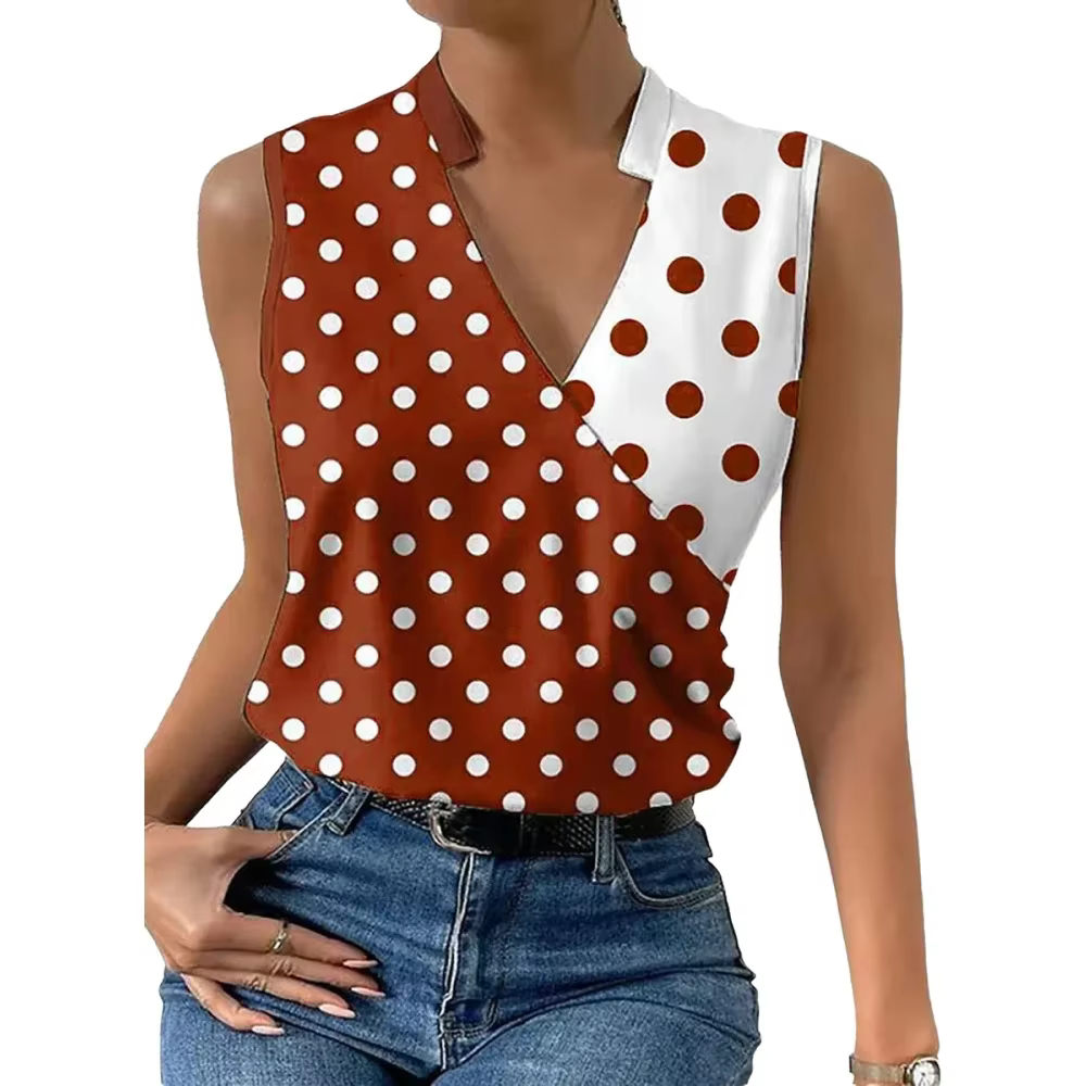 Débardeur Femme Tendance Printemps-Été Marron Blanc à Pois Col V Effet Cache-Cœur Rétro Décontracté 