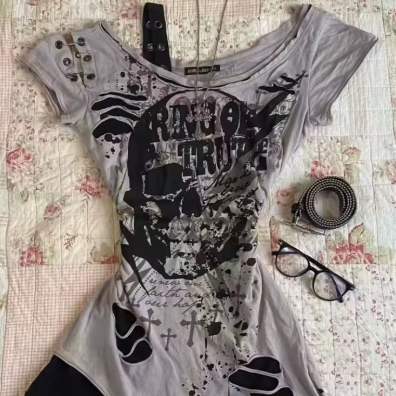 Gothique t-shirts à manches courtes crânes décontracté Punk Hip Hop rue hottie Femme t-shirt graphiq