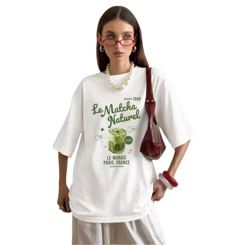 T-shirt oversize imprimé MATCHA pour femme, col rond, manches courtes, coupe ample, 100% coton