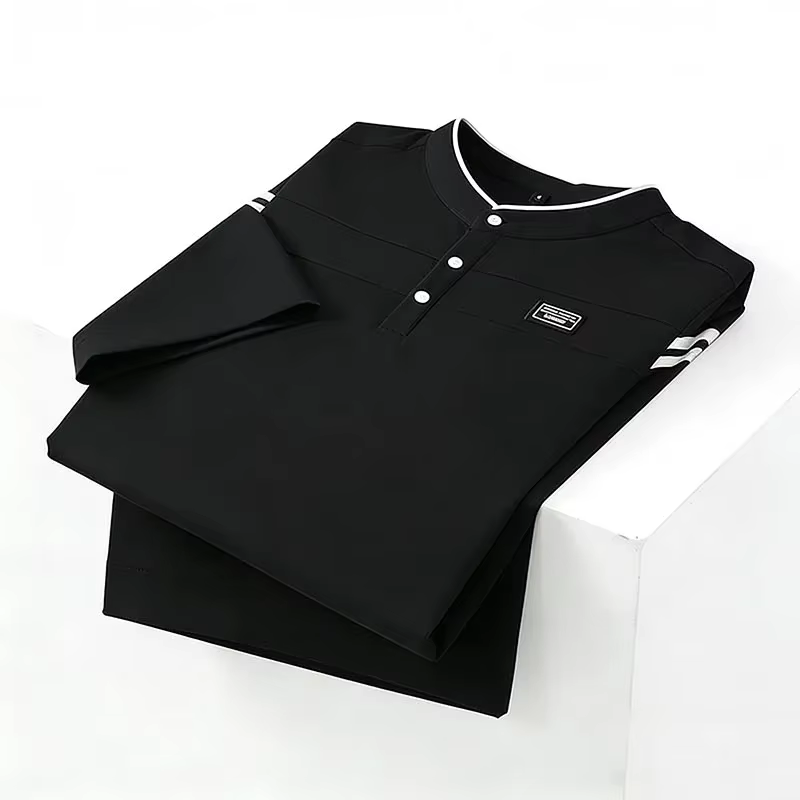 Polo à manches longues noir pour homme, col montant, patte de boutonnage, manches rayées, décontract
