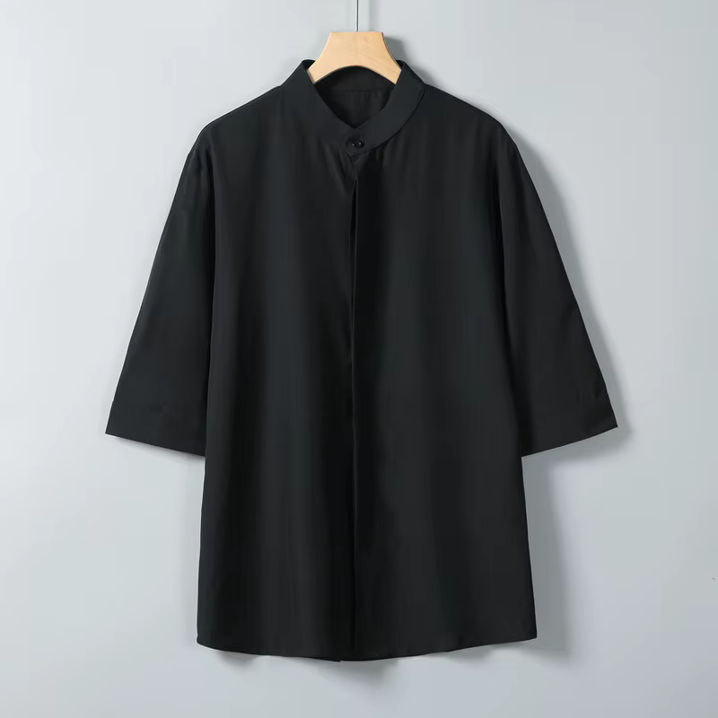 Chemise d'été à manches courtes et col Mandarin pour hommes, couleur unie, haut décontracté léger et