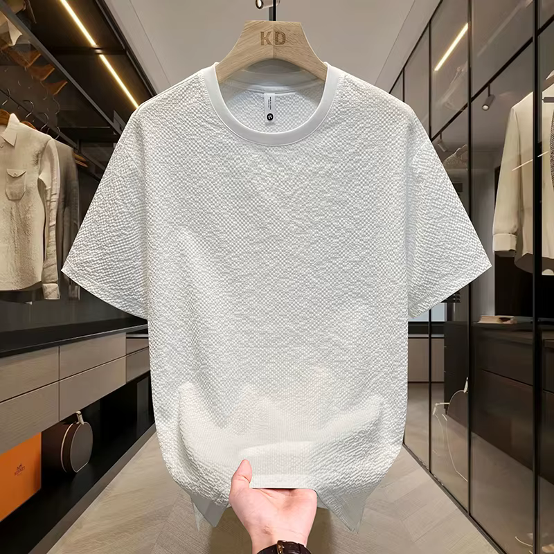 T-shirt d'été en Seersucker texturé pour hommes, coupe cintrée, col rond, manches courtes, léger et 