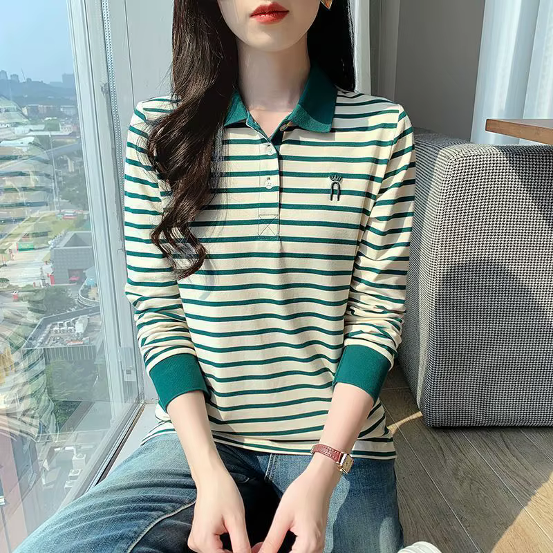 Polo rayé pour femmes, 100% coton, manches longues, coupe cintrée, léger, col élégant, décontracté,