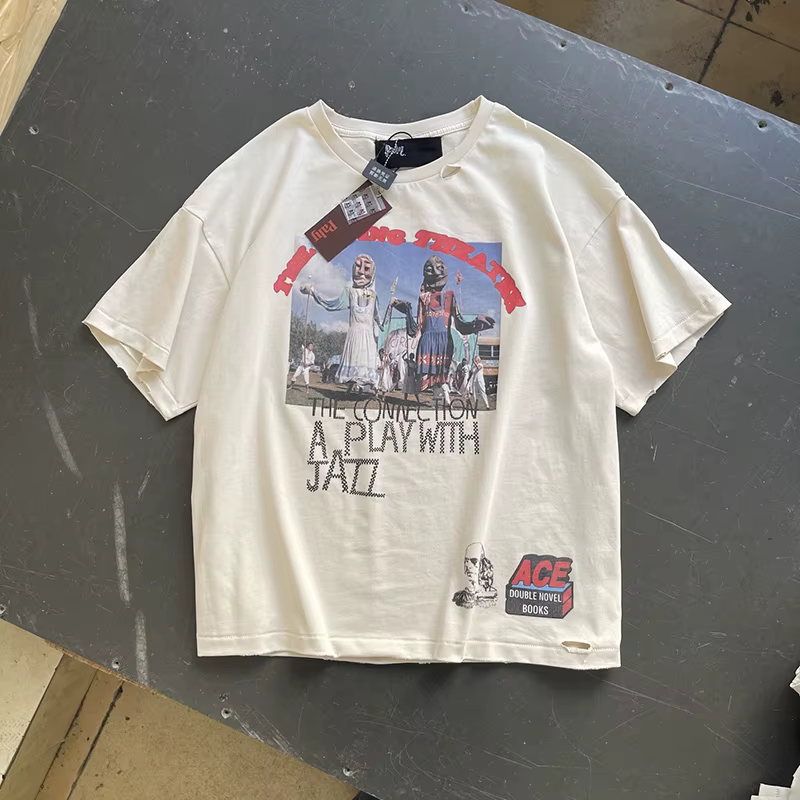 T-shirt décontracté vintage streetwear délavé pour homme et femme, col rond, effet vieilli et déchir