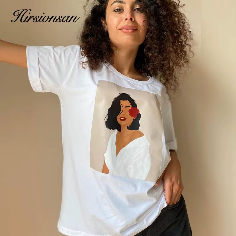 Hirsionsan – t-shirt à manches courtes pour femmes, Simple, en coton doux, avec figurines esthétique