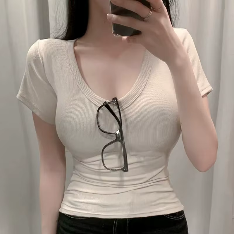 T-shirt à manches courtes pour femme 2026 – Uni, simple, décontracté, doux, polyvalent, basique, cou