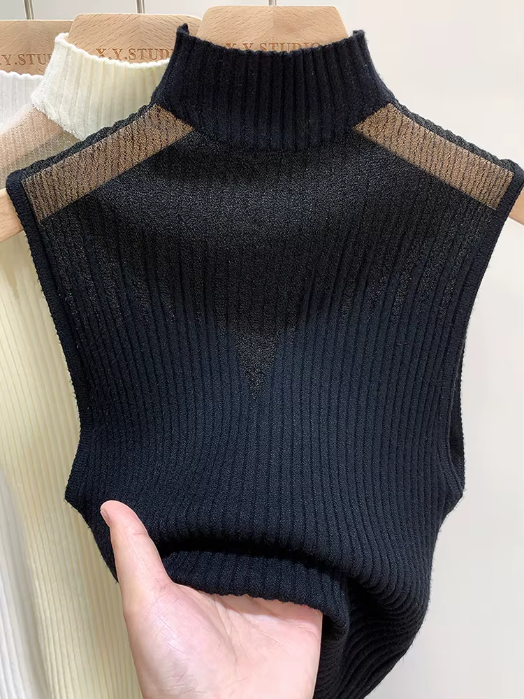 Haut tricoté en maille pour femmes, débardeur Y2K, gilet demi-cou, pull sans manches, Chic, découpé,