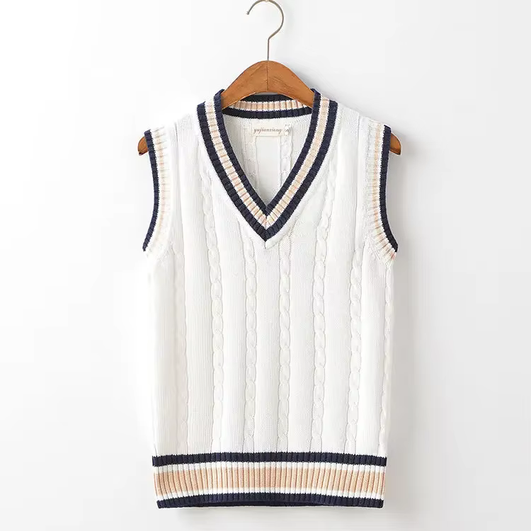 Chandails tricotés blancs rayés pour hommes, bleu, sans manches, vêtements pour hommes, col en V, gi