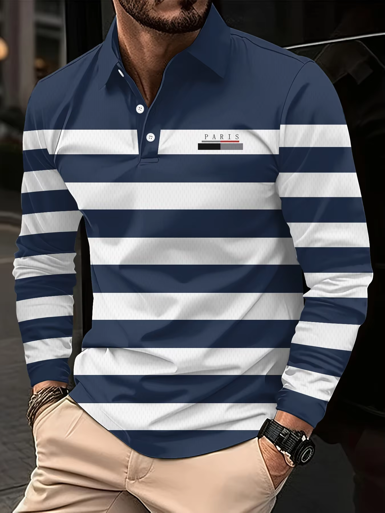 Polo imprimé parisien pour hommes, une couleur rayée classique d'automne, associé à un nouveau haut 