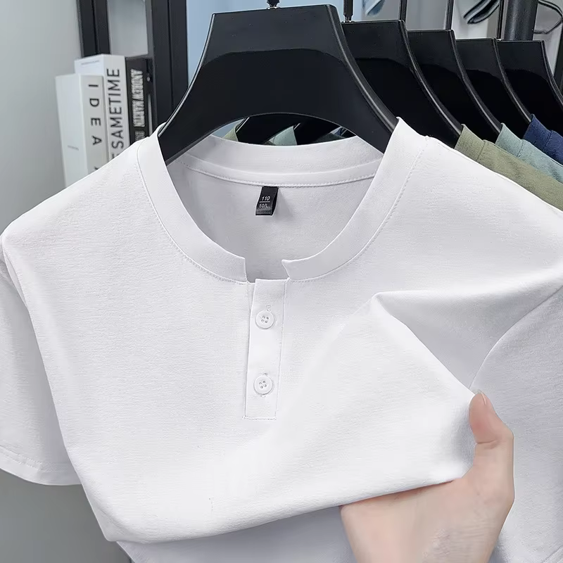 T-shirt Henley uni résistant à la transpiration pour homme, col à deux boutons, tricot élastique, po