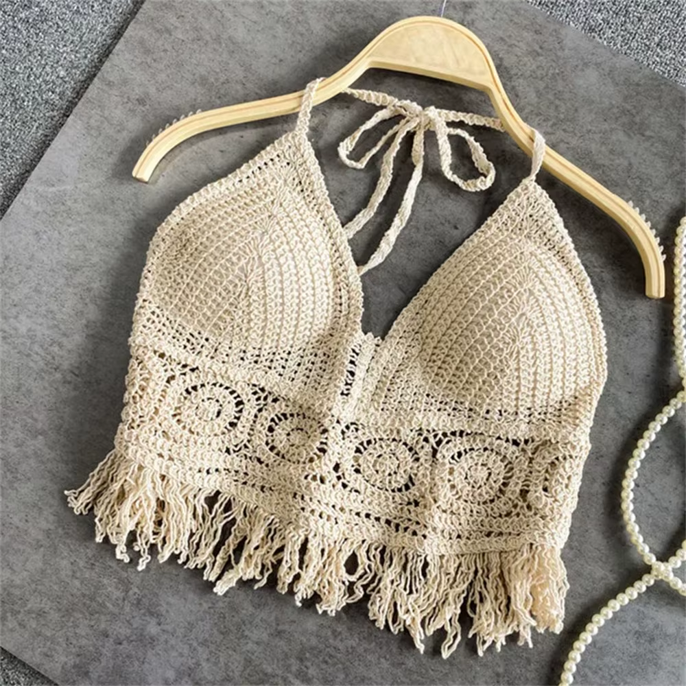 Femmes été plage Boho culture hauts Sexy Y2K tricoté dos nu évider débardeurs Crochet glands ourlet 