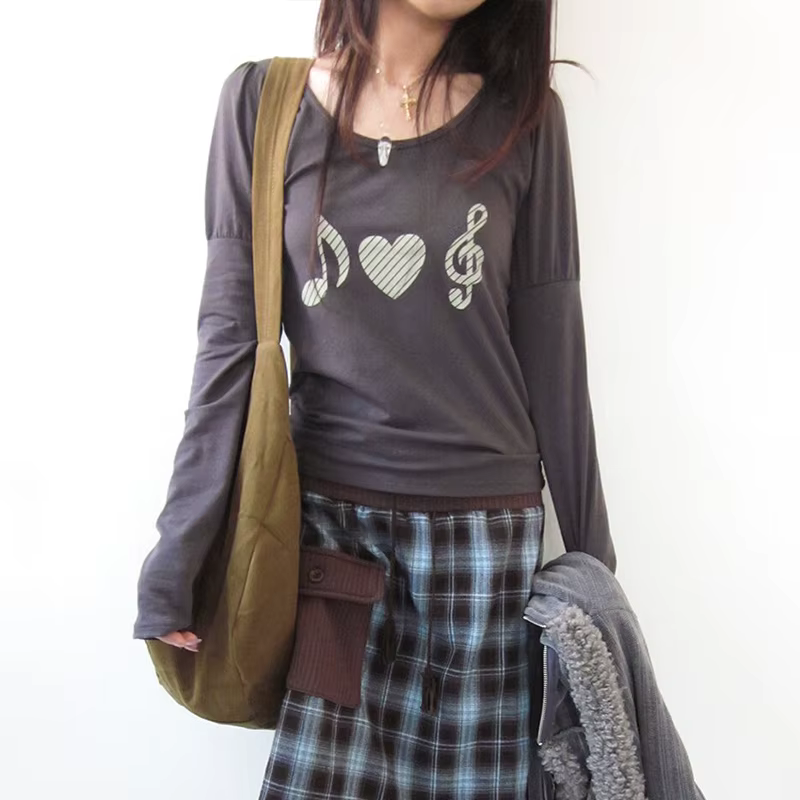 T-shirt Karrram japonais Y2k à imprimé cœur, vintage Harajuku, manches longues, gris, style coréen d