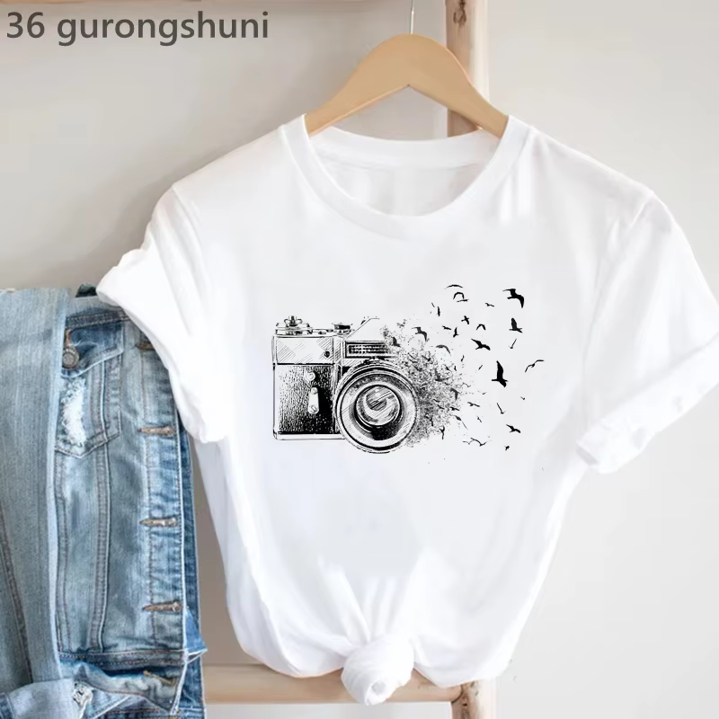 Vintage T-Shirt Femmes Caméra Oiseau Tshirt Femme Mode D'été À Manches Courtes T-Shirt Femme Casual 