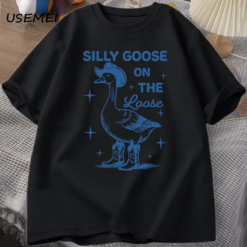 Silly Goose sur les t-shirts amples pour hommes femmes drôle Cowgirl Western T-shirt 90s mode col ro