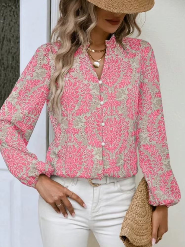 Chemise à manches longues pour femmes, col en v, manches lanternes plissées ornées, imprimé complet,