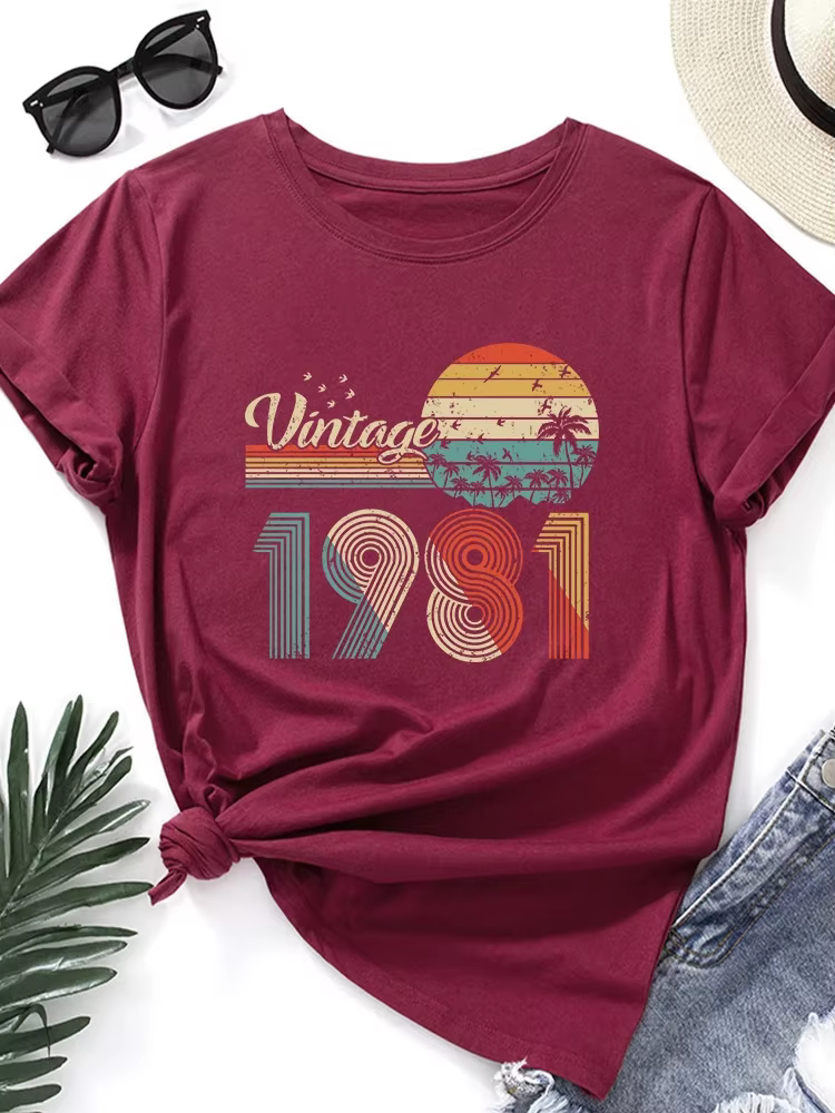 T-shirt manches courtes col rond femme, vintage, imprimé, 1981