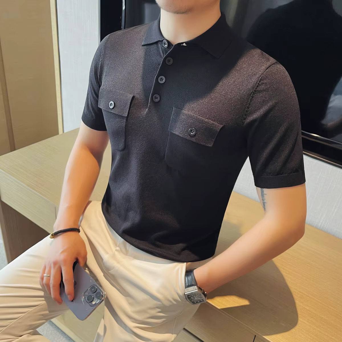 Polo t-shirt homme été mode Double poches conception à manches courtes hommes Polos chemises coupe a