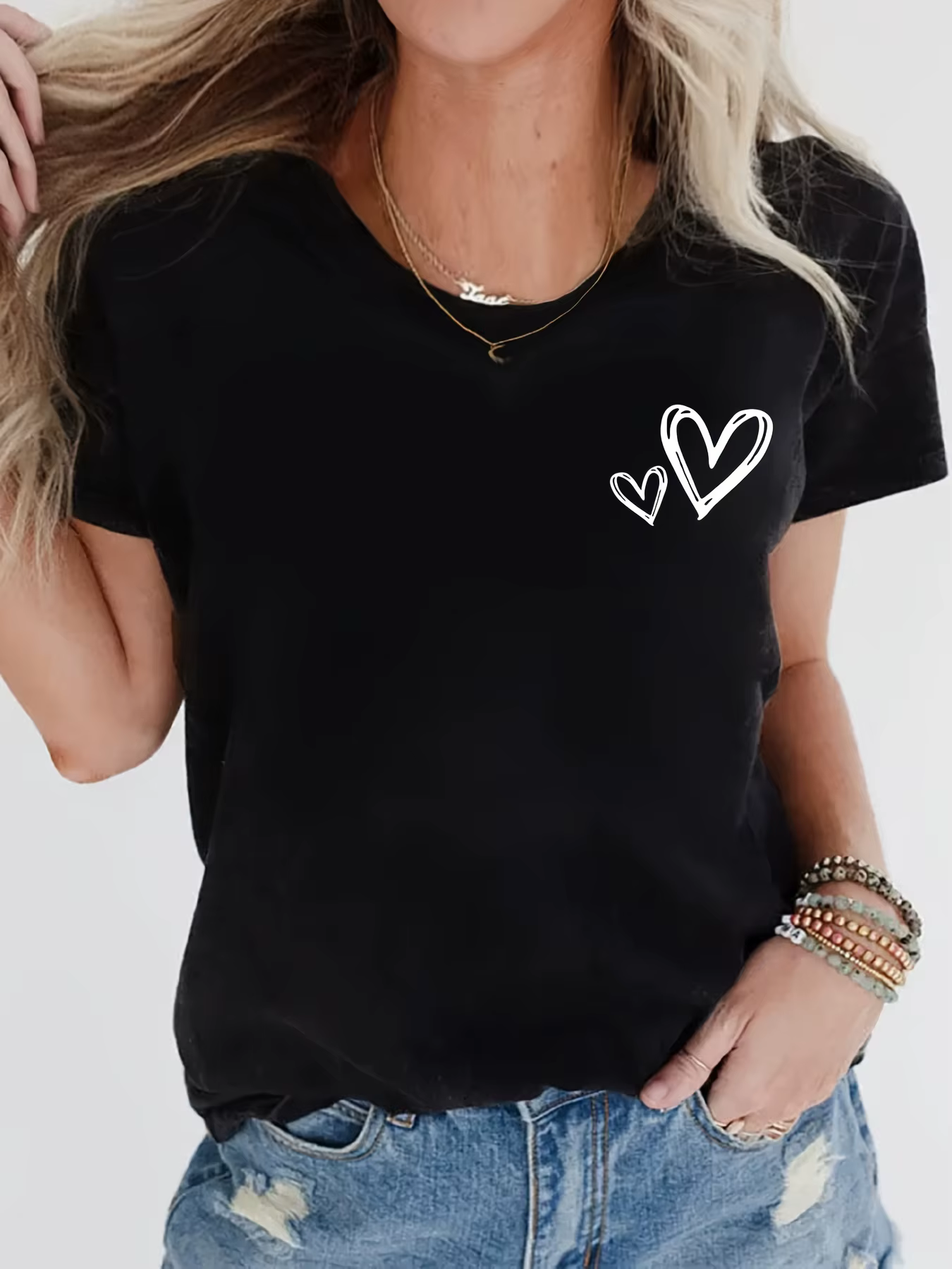 Tissu avec coeurs blancs, col rond, tenue de sport d'été décontractée, T-Shirt à manches décontracté