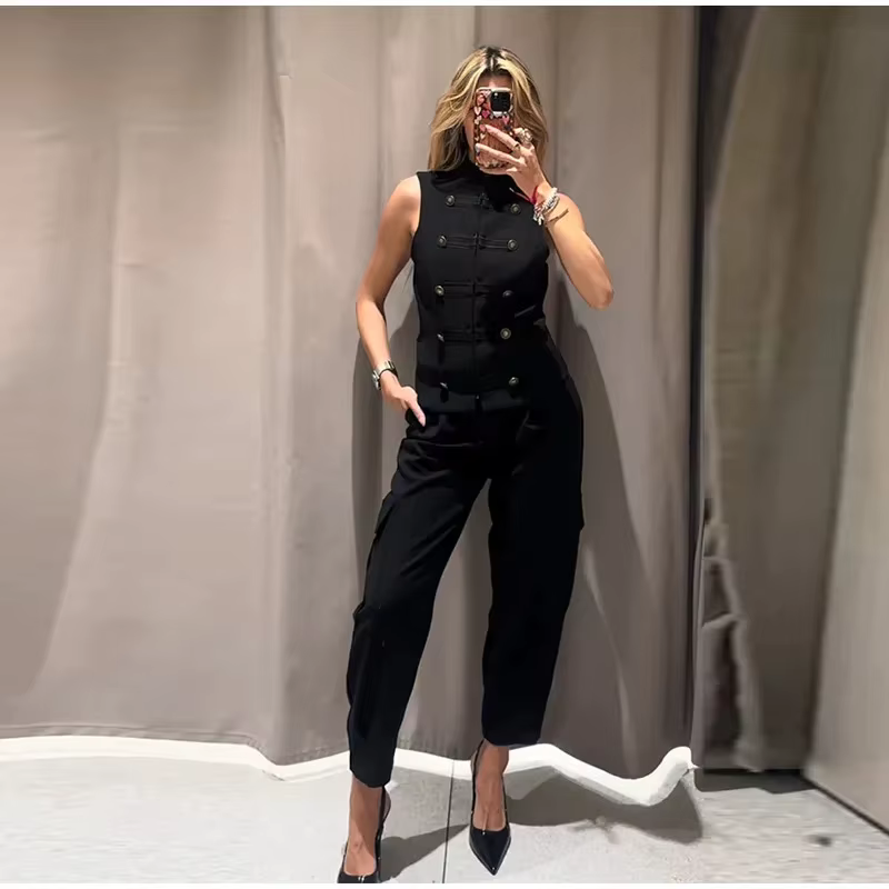 Top Femme Printemps 2026 Nouveau Noir Sans Manches avec Nœud Décoratif Coupe Ajustée Gilet Unique Te