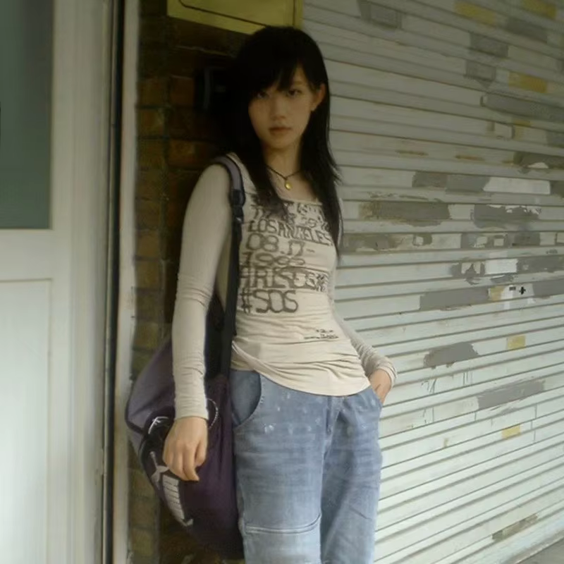 T-shirt à manches longues avec lettre imprimée japonaise, Streetwear rétro américain, Style des anné
