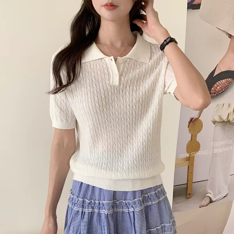 WinvyNee T-shirt en coton pour femme, hauts d'été à manches courtes bleus unis, col polo Y2k, pulls