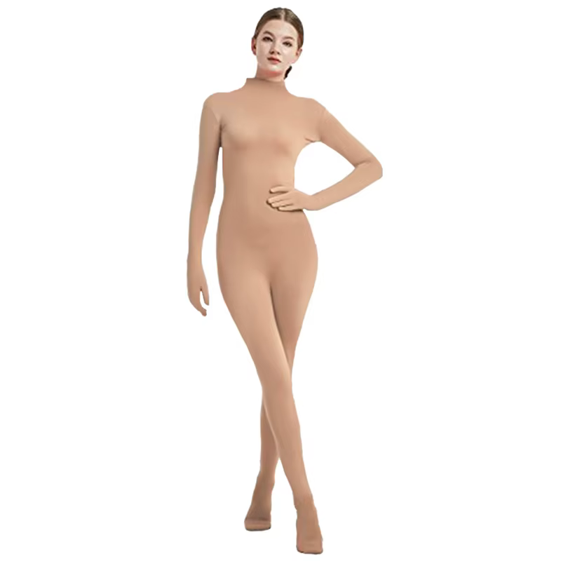 Combinaison intégrale pour femme, couleur nude, coupe ajustée, sans couture, col montant, manches 3/