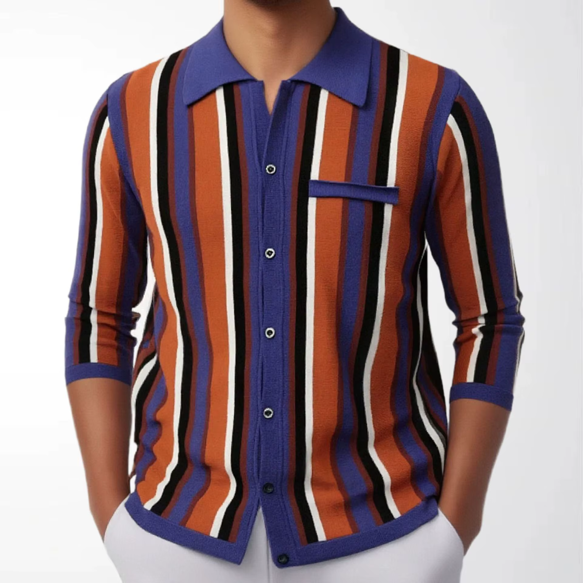 Nouveau 2026 hommes à manches longues polos printemps hommes mince tricoté Cardigan mode rayé affair