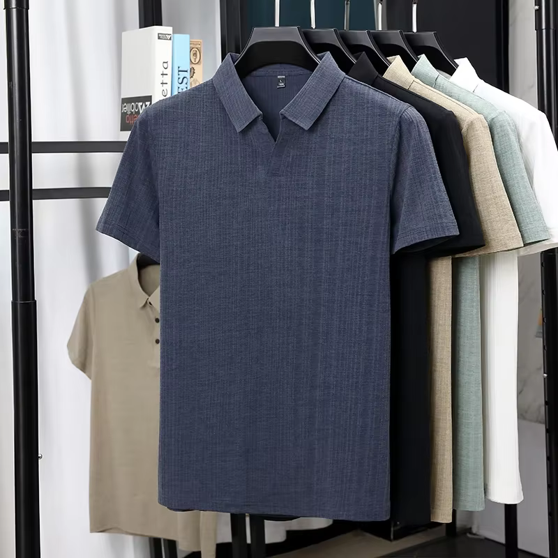 Chemises polo à manches courtes en lin mélangé texturé pour hommes, hauts décontractés, résistants a