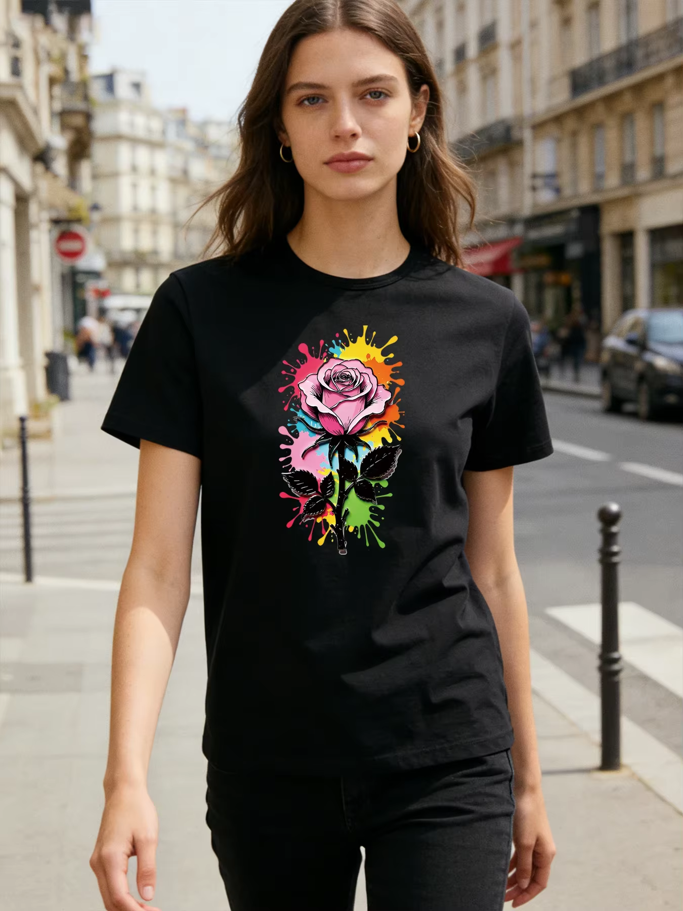 T-shirt vert pour femme, imprimé rose coloré, décontracté, à manches courtes, col rond, hauts d'été,