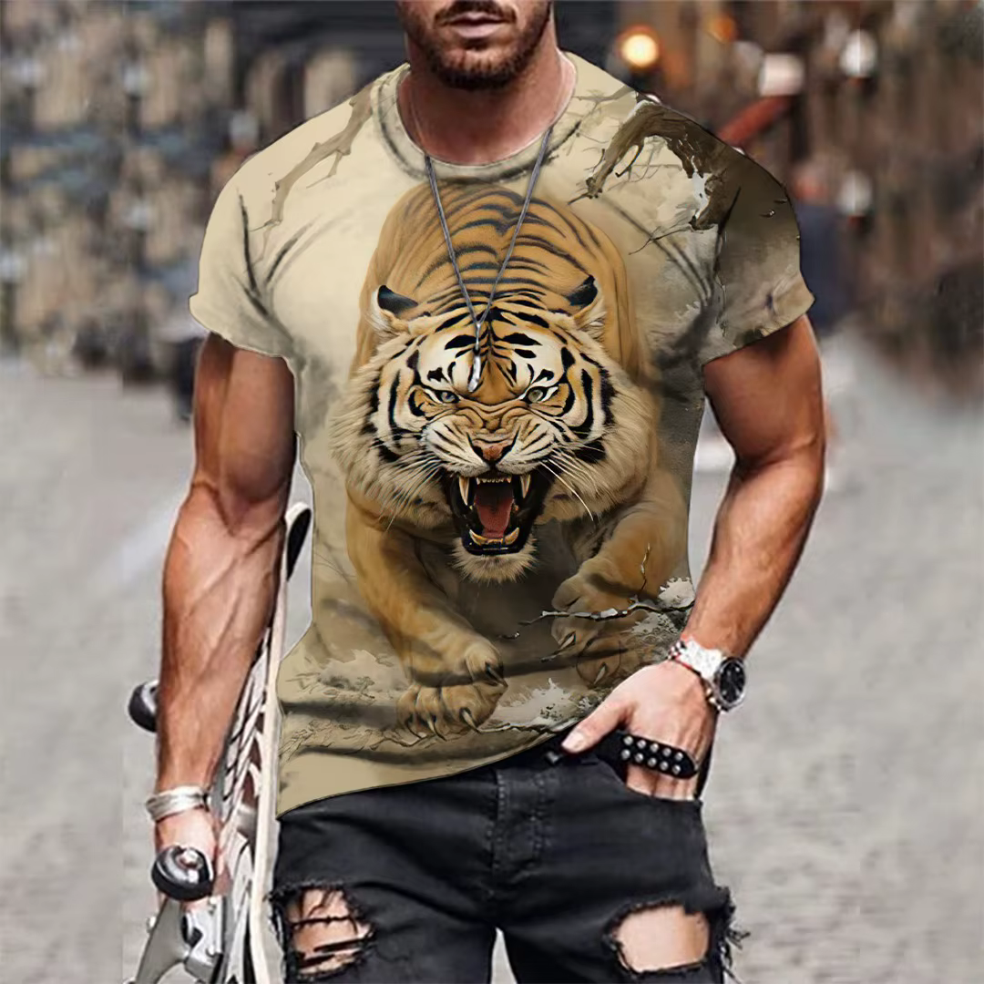 T-shirt à manches courtes et col rond pour hommes, imprimé tigre 3D, respirant, extensible, décontra
