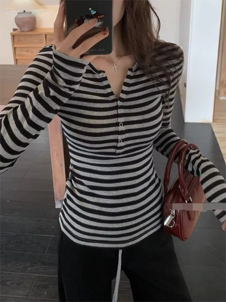 Vintage rayé mignon t-shirts femmes mode coréenne bouton fée Grunge T-Shirt Y2K vêtements décontract