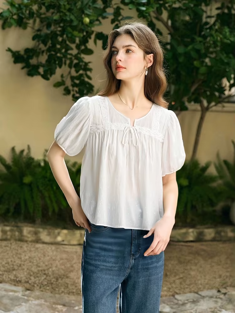Chemisiers à manches bouffantes OLrain pour femmes, blancs, en dentelle, col rond, chemises à lacets