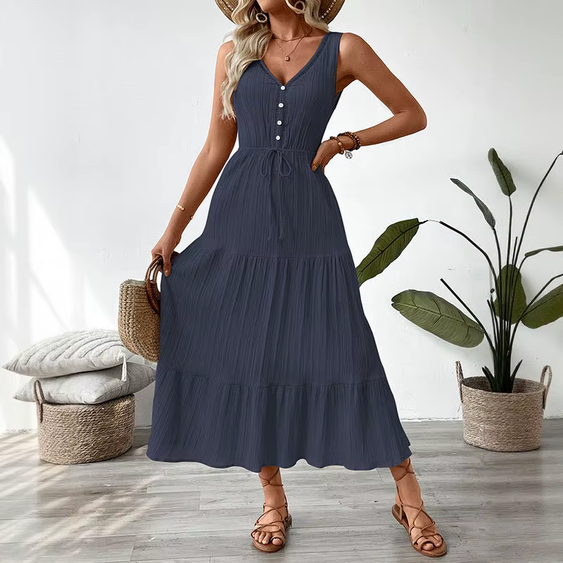 Robe longue texturée sans manches à volants pour femme, col en V, taille à nouer, beige, bleu foncé,