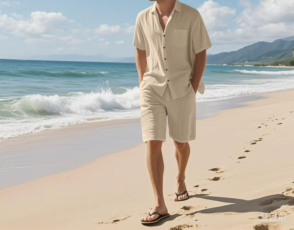 Ensemble chemise et short en lin pour homme, chemise décontractée ample en coton et cardigan, short 